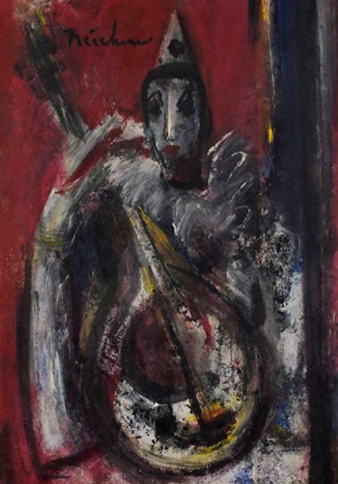 Harlequin playing a lute.